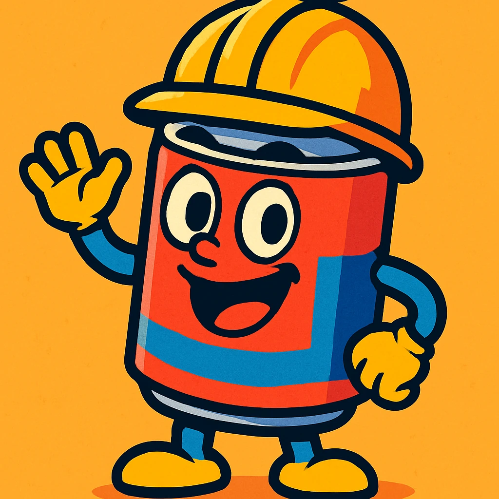 a can wearing a construction hat, vibrant, playful, cartoon style, bold colors, cheerful expression emoji
