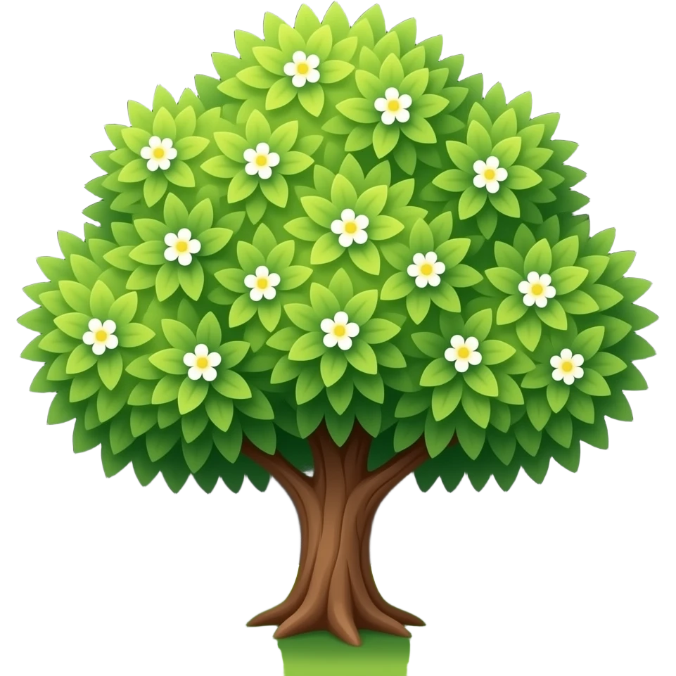 Apple-style blooming tree, round soft green canopy. No pot, no ground — only the tree. Small white and yellow flowers inside the leaves. Flat 2D vector, clean shapes, no gradients. Dark near-black background, premium fintech icon. emoji