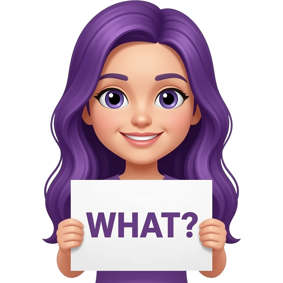 girl with long purple hair holding a WHAT? sign emoji