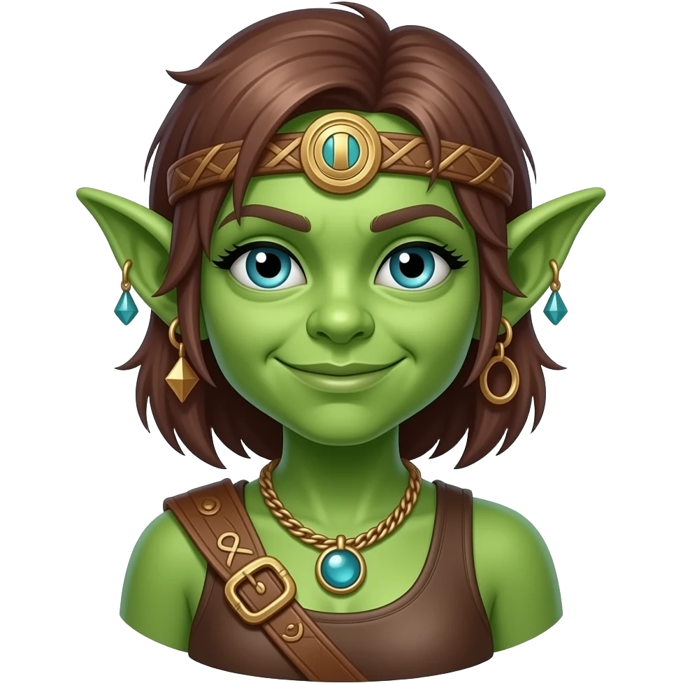 Bust of Kind Green Goblin girl fantasy adventurer with junk trinkets emoji