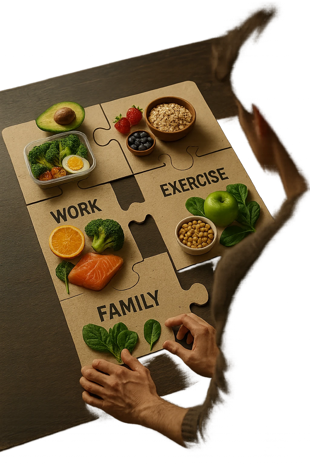 realistica cinematic photo a person is surrounded by puzzle pieces, each representing a different aspect of their life (Lavoro, Esercizio, Famiglia, Relax), and healthy foods are integrated into each piece. The person assembles the puzzle, creating a complete, personalized nutrition plan. The mood is uplifting and creative. in italiano emoji