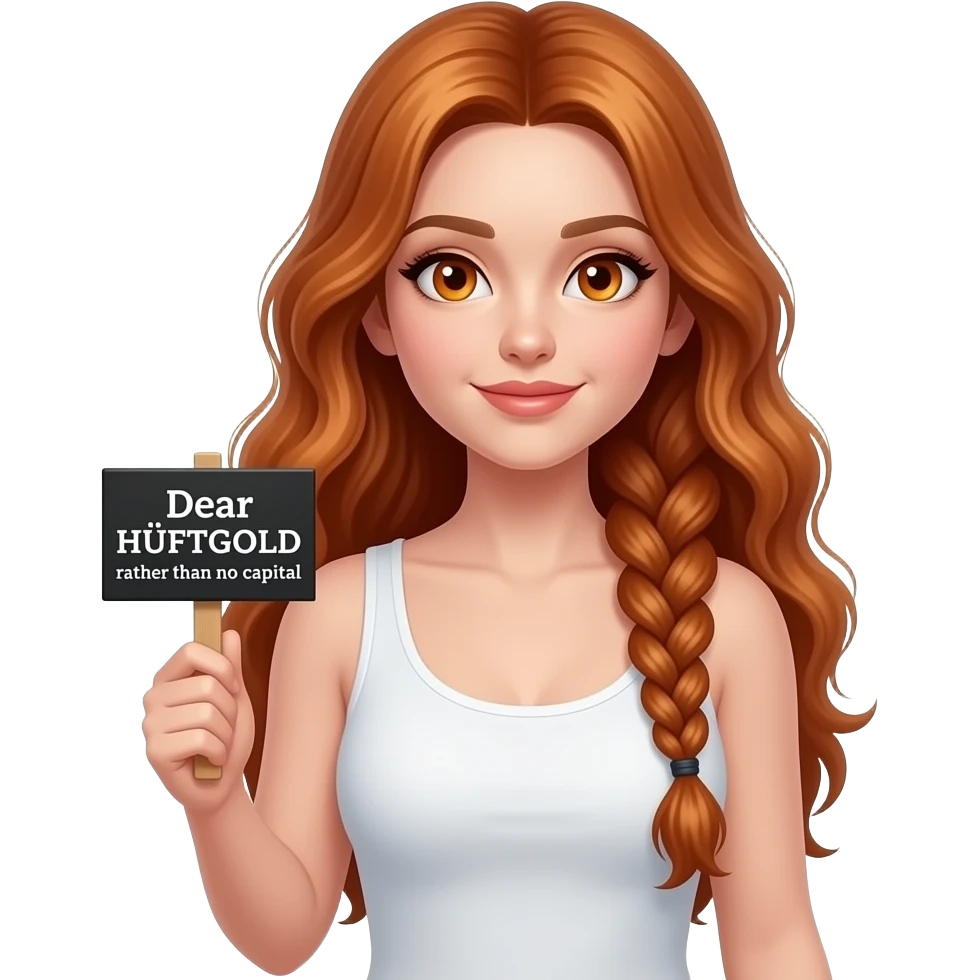 sexy girl with long ginger braids and ginger eyes wearing a white tanktop is holding a black sign with Lieber HÜFTGOLD als gar kein KAPITAL written on it emoji