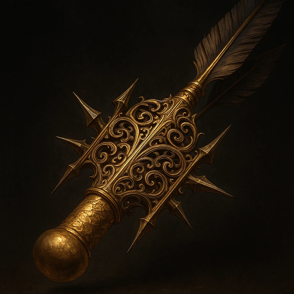 A hyper-detailed, luxurious arrow: gold-wrapped, rounded blunt tip, intricate filigree on the shaft, surrounded by sharp spikes. Cinematic lighting, dark background, fantasy illustration. emoji