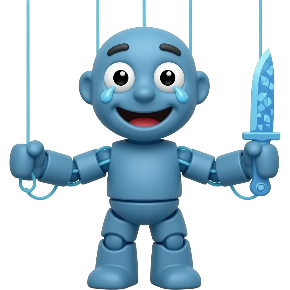 A blue glitched puppet that with a happy face and blue tear and blue glitch knife and have blue puppet strings controlling it emoji