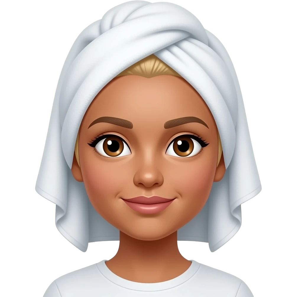 Apple emoji style Clean girl tan skin brown eyes blonde hair head towel emoji
