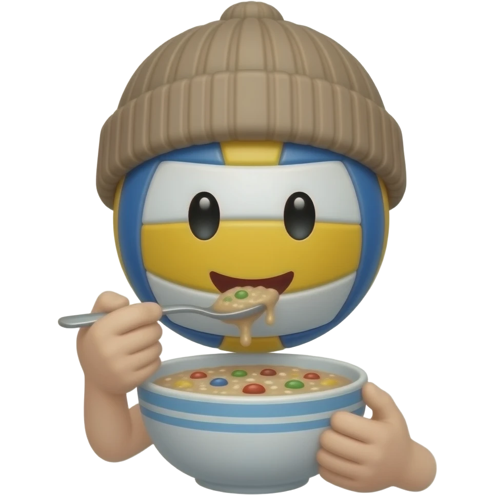 volleyball wearing a beanie eating from a bowl of porridge. just this. do not add anything else, i want the volleyball to have a face emoji