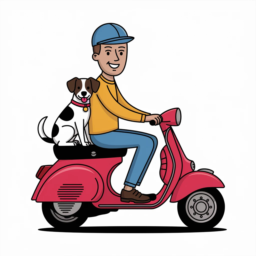 vector art of a man and his pet dog riding a vespa, for website design emoji