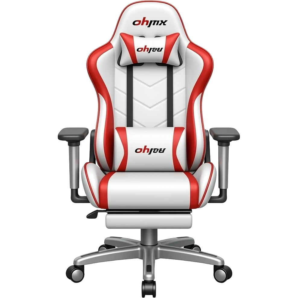 Realistic white and red gaming chair with silver feet, arms and armrests emoji