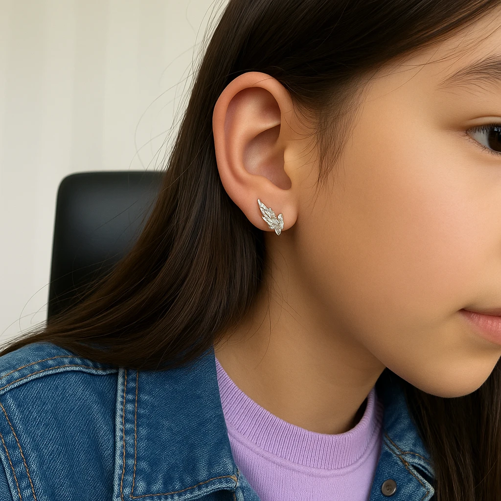Edit the emoji to depict a 12-13 year old girl. Match the skin and hair color to the reference image provided. Add earrings similar to those in the photo. Dress her in youthful and trendy clothes that are appropriate for her age, avoiding anything too childish. emoji