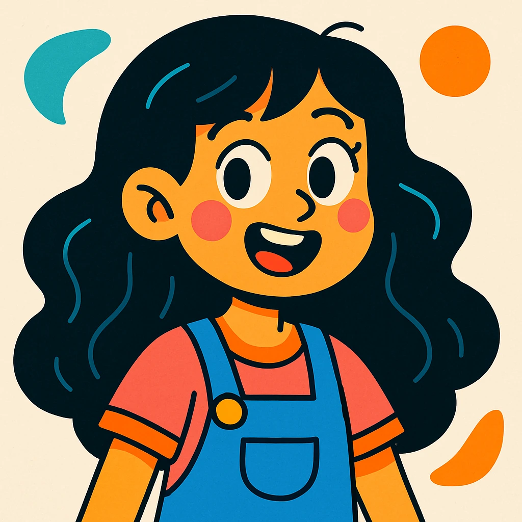 chica de cabello largo ondulado negro, estilo cartoon colorido, fondo claro emoji