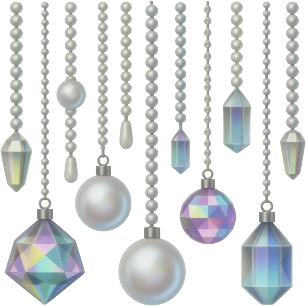 Few cute tiny Iridescent glistening glossy sparkly shiny glittery hanging crystals pearls and beads and gemstones scenery scenic decorations emoji