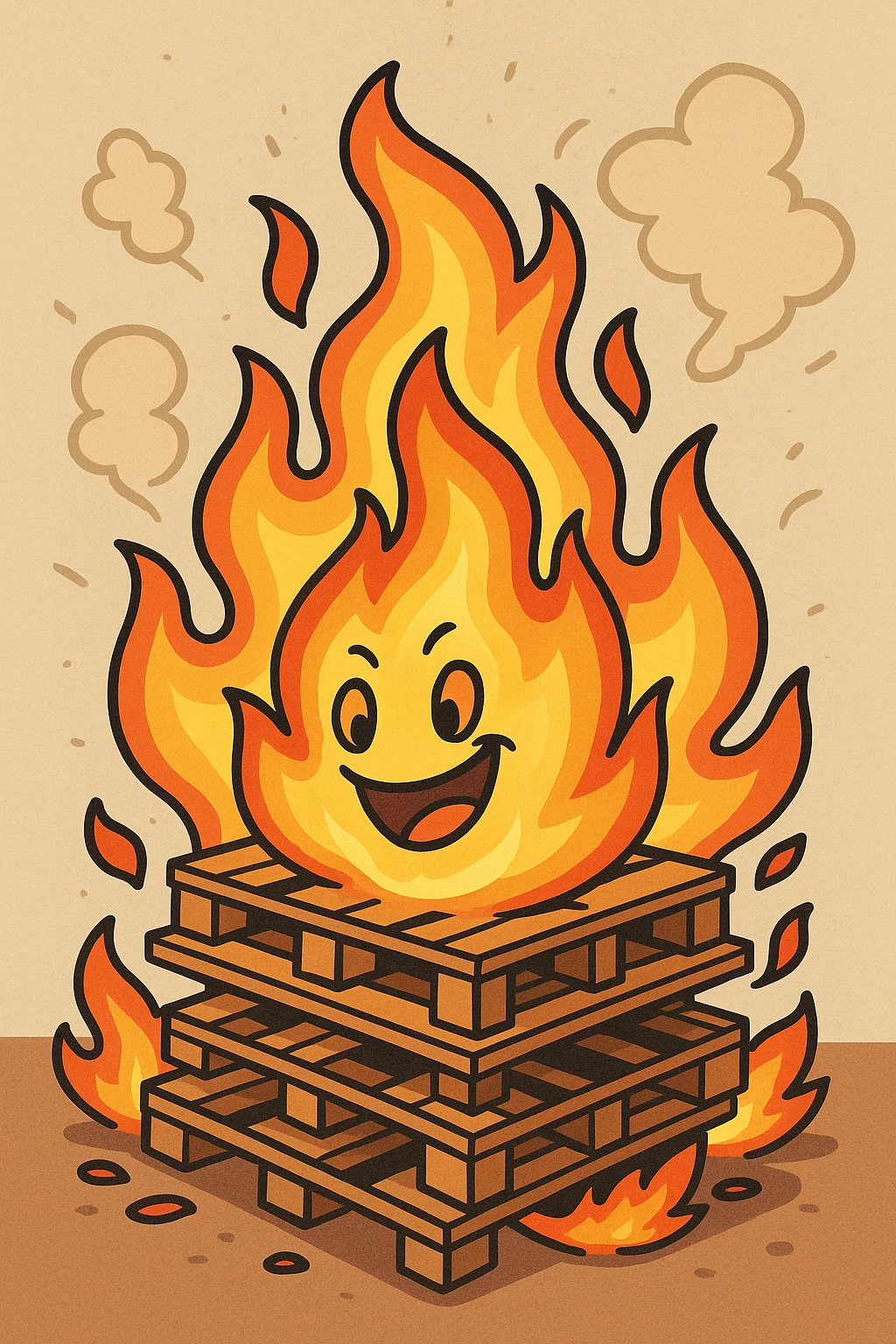 cartoon bonfire with stacked pallets, exaggerated flames, cheerful, thick lines, vibrant colors emoji