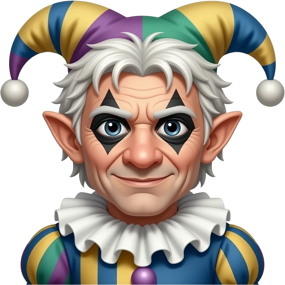 duende, elf ears, big nose, old, messy white hair, jet black eyes, dressed as a court jester, no facepaint emoji