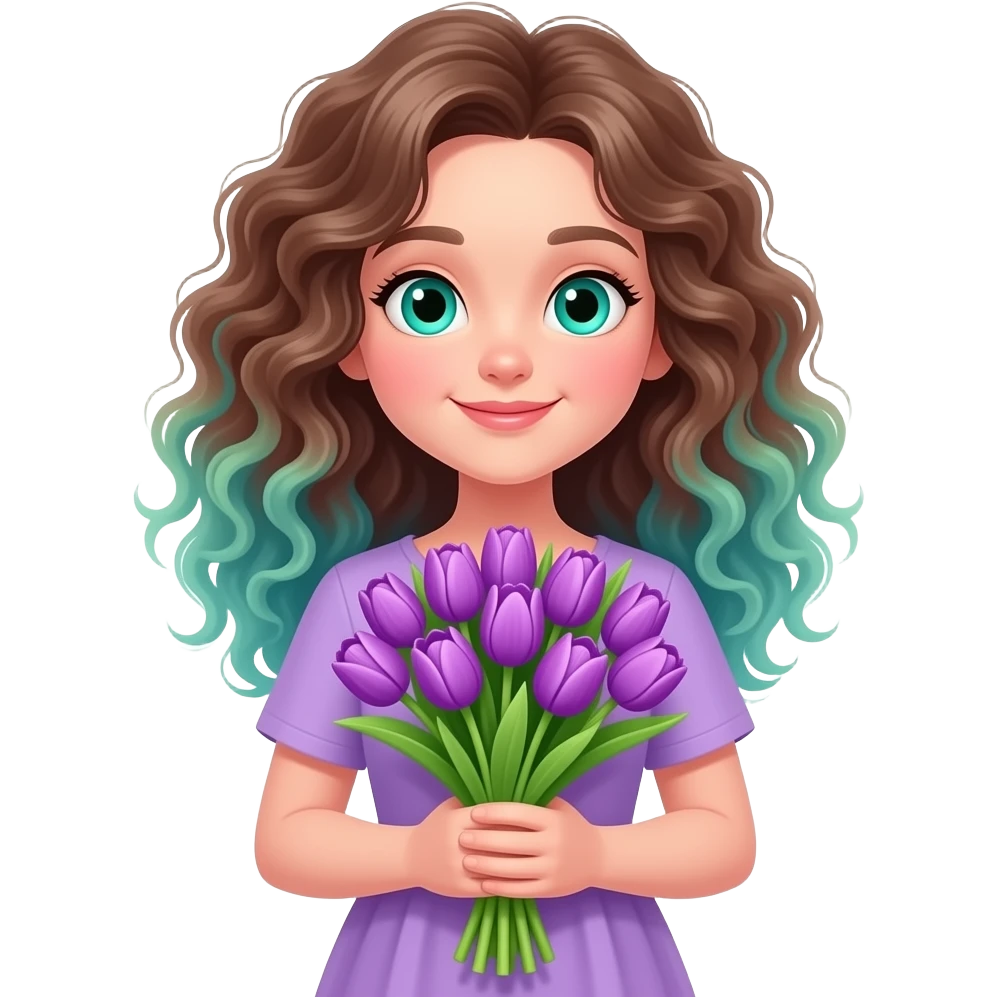A whole girl having green/blue eyes and curly highlighted hair holding a bouquet of purple tulips emoji