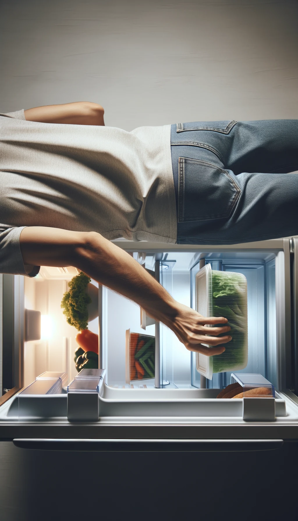corpo umano di spalle che mette una schiscetta con del cibo già cotto in frigo, sfondo neutro chiaro emoji
