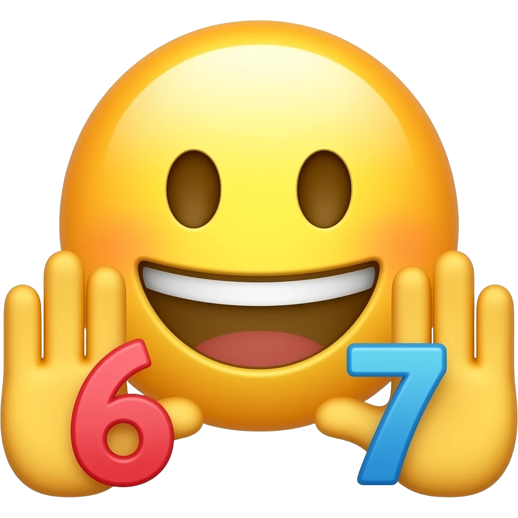 The classic yellow emoji with a grinning face has two hands in front of it, with the number 6 in one hand and the number 7 in the other. The numbers are also the classic emoji numbers. emoji