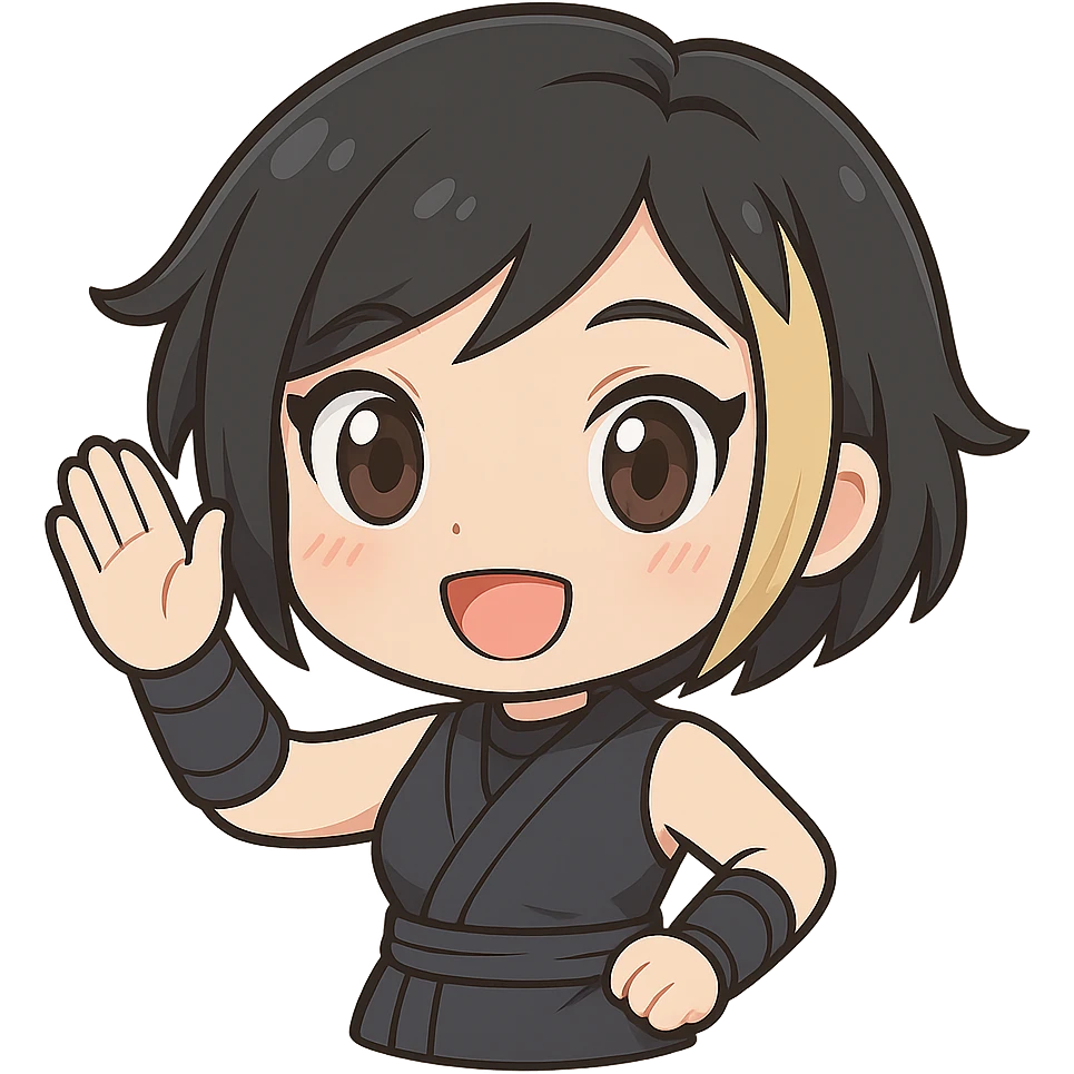 Make this exact chibi ninja girl wave upward, keeping the same anime chibi style, face, outfit, and colors. Only change the arm position for animation. Transparent background, sized for Twitch emoji use. emoji