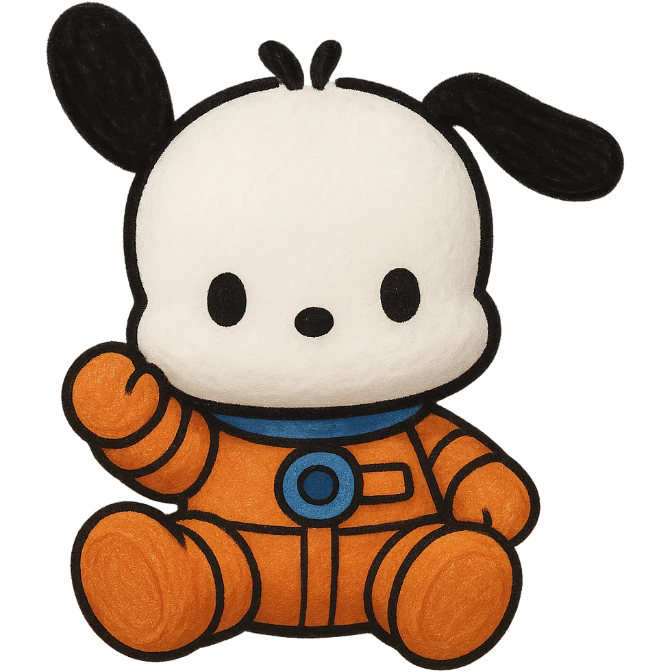 Make Pochacco white with black ears, wearing an orange and blue space suit, keep plushy Popmart doll style, cute and playful, no background. The style should reflect a plushy Popmart doll look, cute and playful. emoji