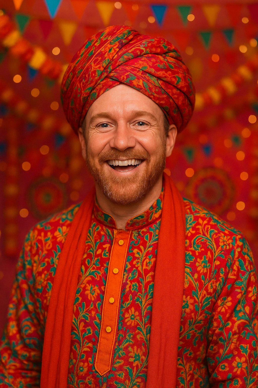 a popular singer reimagined as an Indian man wearing a kurta and turban, cheerful, festive look emoji