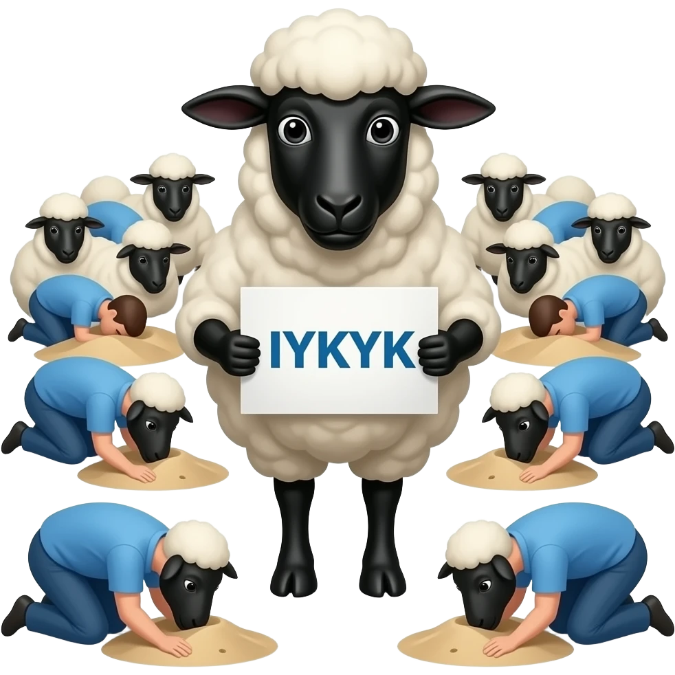 Black sheep with a sign saying “IYKYK. The black sheep is surrounded a flock of black sheep. and in the background is people Burying their heads in the sand in blue tops. make it a full black sheep the wool is black. emoji