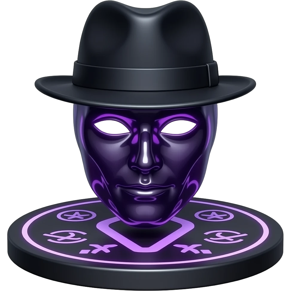 Изолированный 3D-значок: маска Анонимуса, стилизованная под шляпу с полями, из темного стекла с внутренним неоновым свечением. База - круглая платформа с эффектом глитч-арта и символами хакерской группы. Материалы: стекло, металл. Темная палитра с фиолетовыми акцентами. emoji