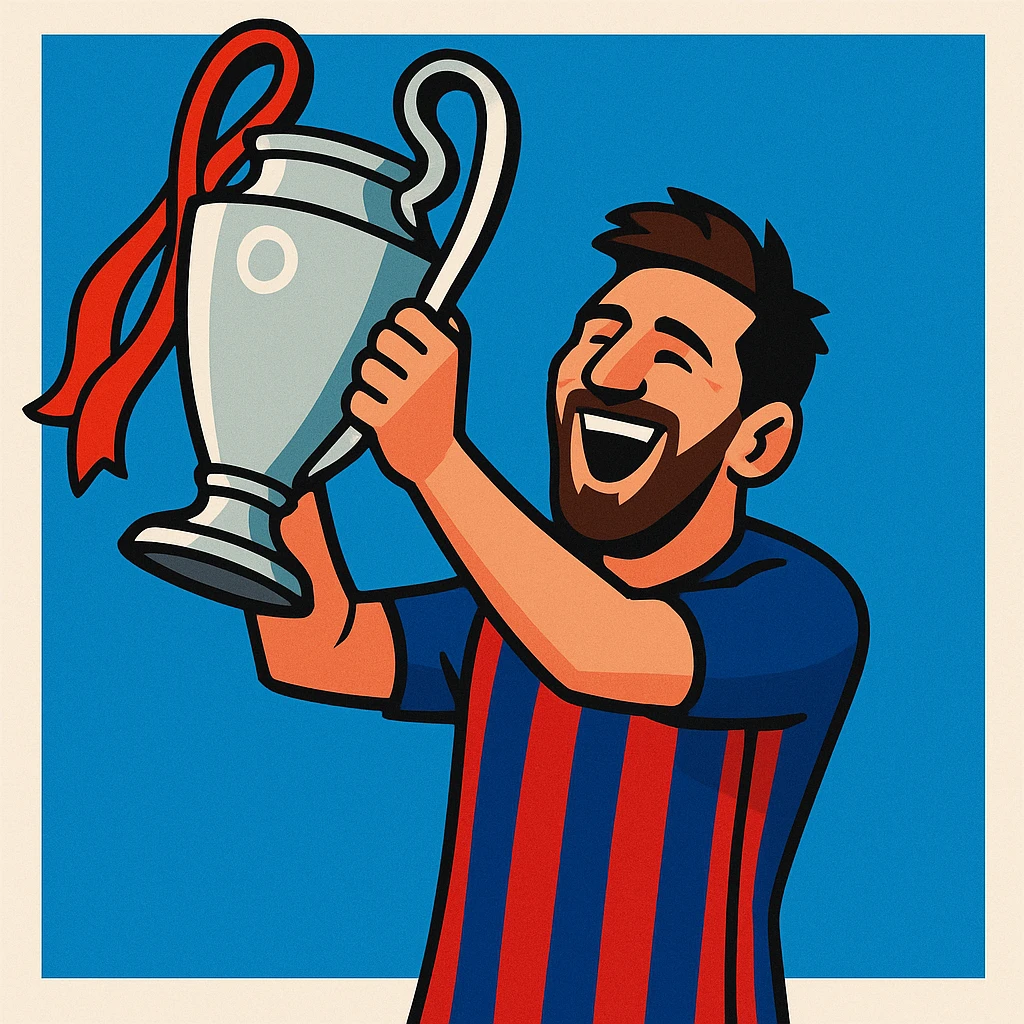 Lionel Messi celebrating with the Champions League trophy, vibrant and joyful illustration style, simple background emoji