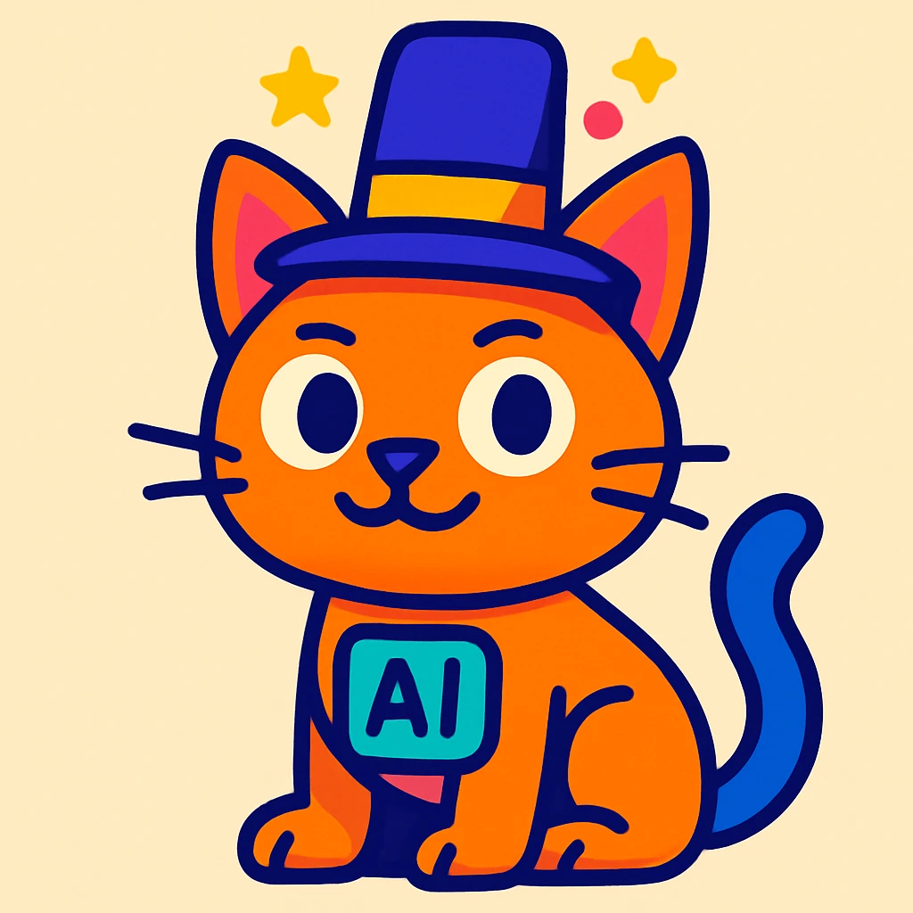 cartoon style AI helper cat with a magic hat on its head, bright colors emoji