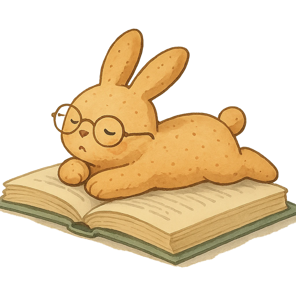 full-body biscuit bunny lying on a book with slipping glasses, soft Ghibli style emoji