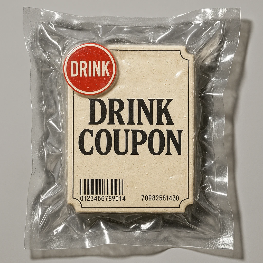 A detailed, realistic image of a drink coupon. The coupon should feature the attached logo prominently displayed on the package. Ensure the design is visually appealing, with clear text indicating it's a coupon for a drink, and incorporate realistic textures and lighting to enhance the lifelike appearance. emoji