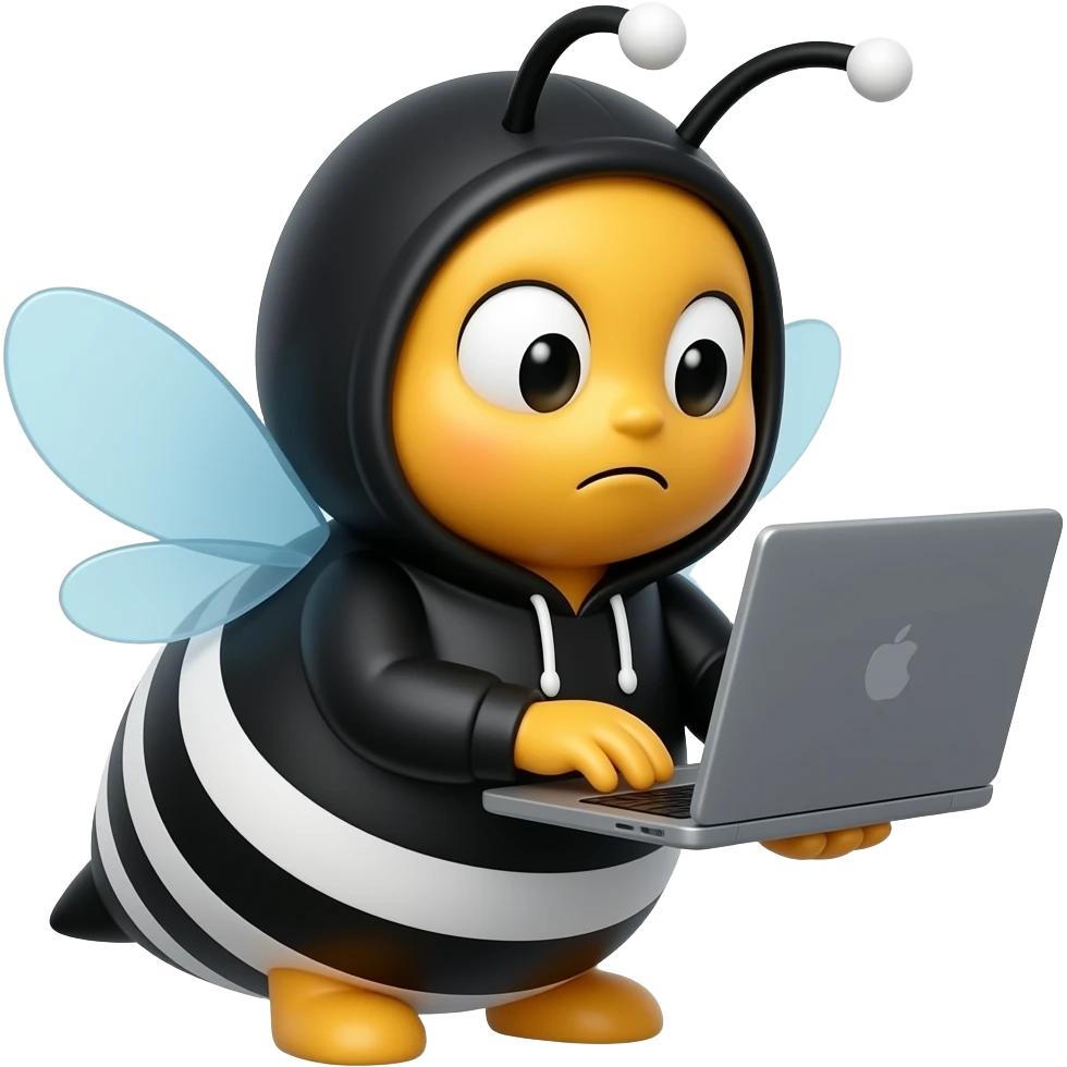 3D cartoon bee emoji, rounded chubby body, black and white stripes, wearing black hoodie, typing on laptop, focused serious expression, light blue transparent wings, black antennae with white round tips, smooth shiny surface, black background emoji