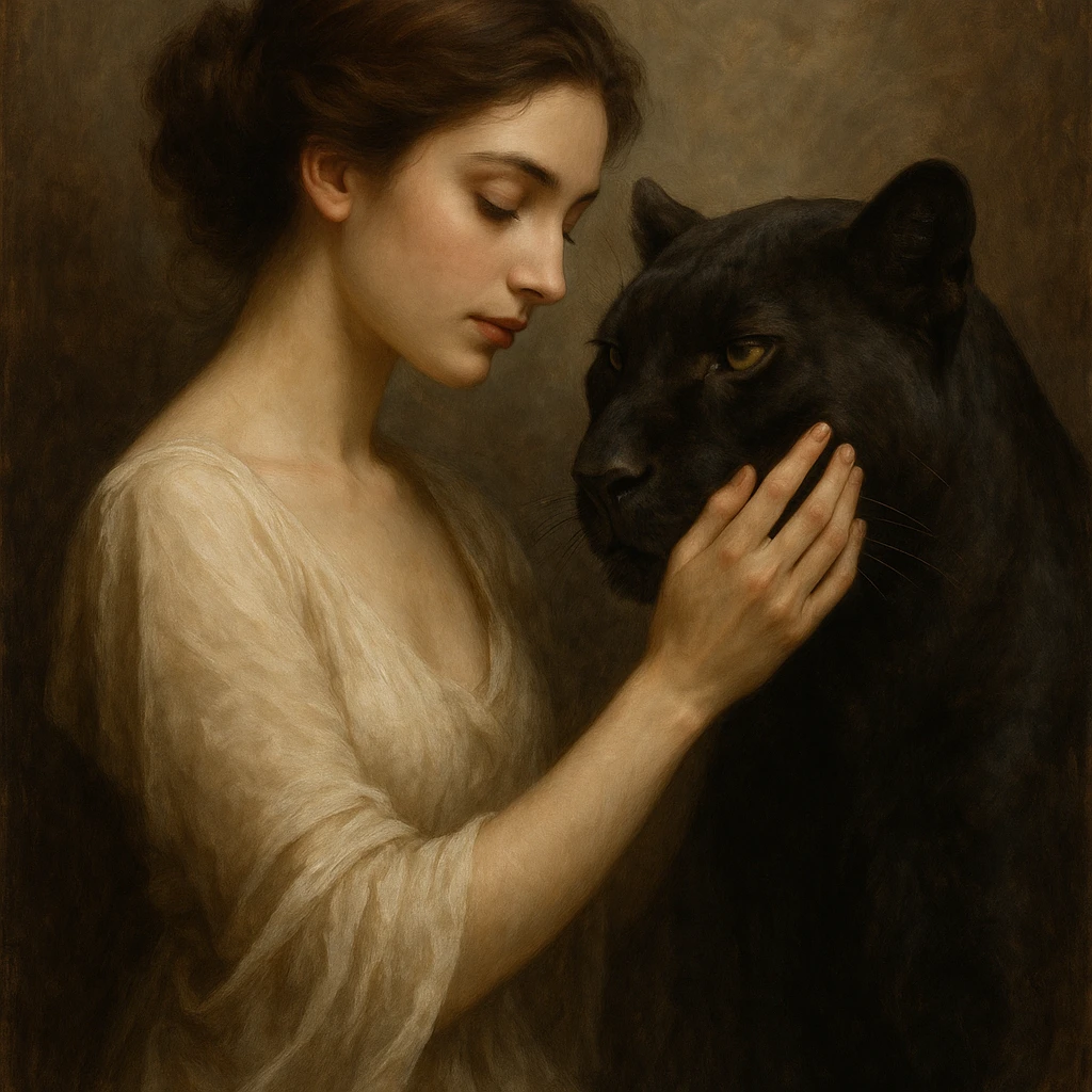a graceful woman gently touching a panther, soft lighting, detailed, artistic emoji