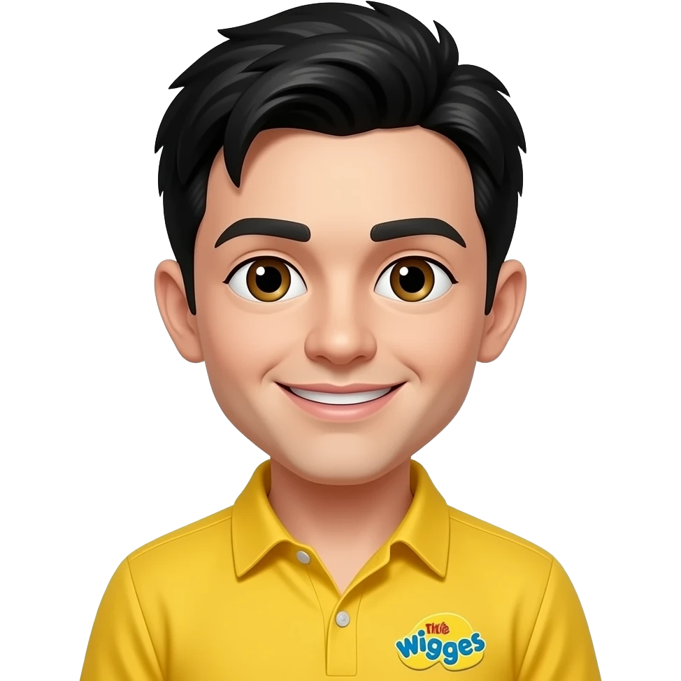 Greg Wiggle from The Wiggles with hazel eyes, black hair, yellow skivvy shirt emoji