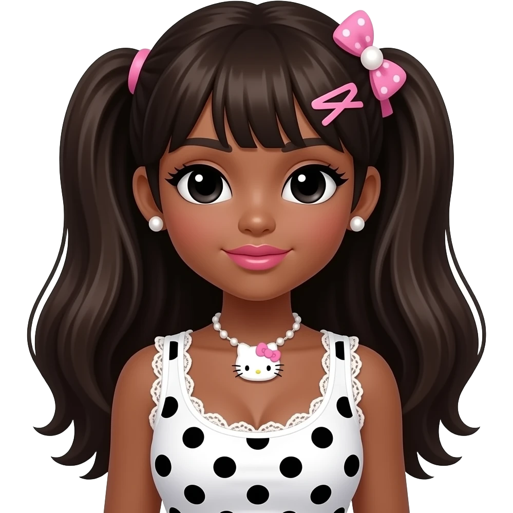 black girl, black eyebrows, pearl earring studs, black girl, pink lips, my melody hairclip, dark brown skin, Doll faced shaped, hello kitty necklace, bimbo, black doll eyes, Big lips, long dark brown hair, with white or black lace baby pink polka dots with gyaru sleeveless shirt, with big breast emoji