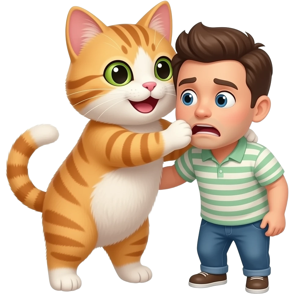 Cute smiling cat holding the mouth of a scared man completely shut emoji