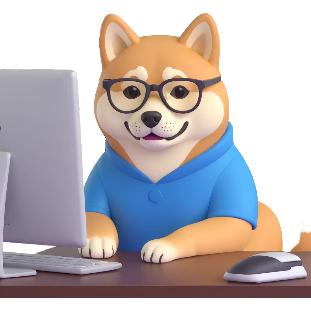 shiba inu with eye glasses and computer emoji