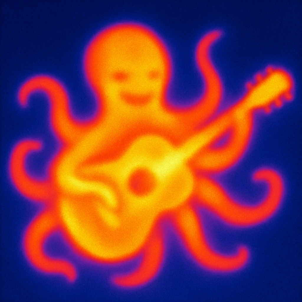 happy octopus with multiple arms playing guitar emoji