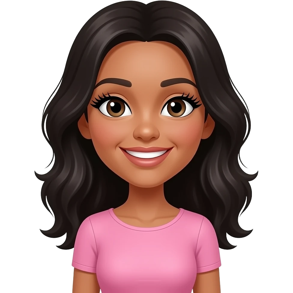 Gere um emoj de uma linda moça de pele clara,cabelo médio na altura do ombro,,liso,preto, sorrindo. Ela possui cilios grandes com extensao de cilios, a moça veste um body que tem apenas uma das mangas, longa, na cor rosa choque emoji