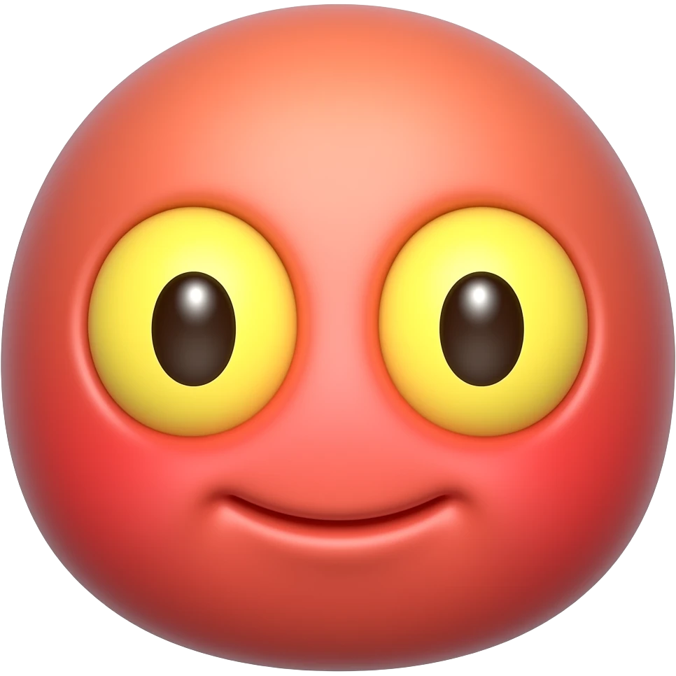 새빨간 얼굴의 홍조를 하고 있는. 노란 눈알  갈색 동공.   귀여운 만화 입체적 이모티콘 emoji