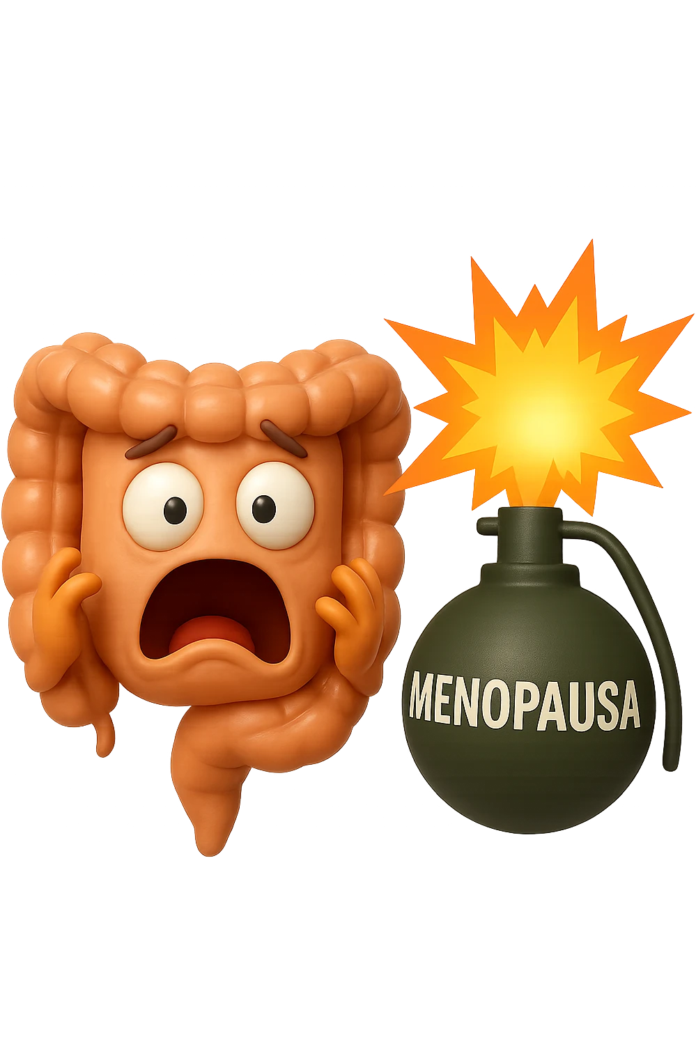 EMOJI STILE IPHONE 3D DI INTESTINO 3D CON ESPRESSIONE SPAVENTATA IN VOLTO MENTRE ACCANTO A LUI SCOPPIA UNA GRANATA 3D CON LA SCRITTA "MENOPAUSA" SOPRA, FAGLI ANCHE LA PARTE BIANCA DEGLI OCCHI, NON SOLO LA PUPILLA emoji