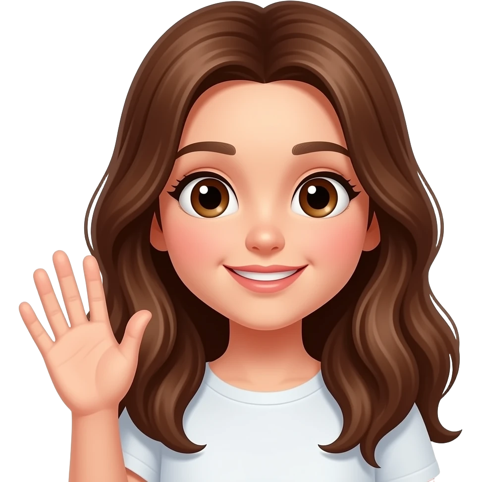 una chica saludando guapa con los ojos grandes marrones i el pelo avellana largo emoji