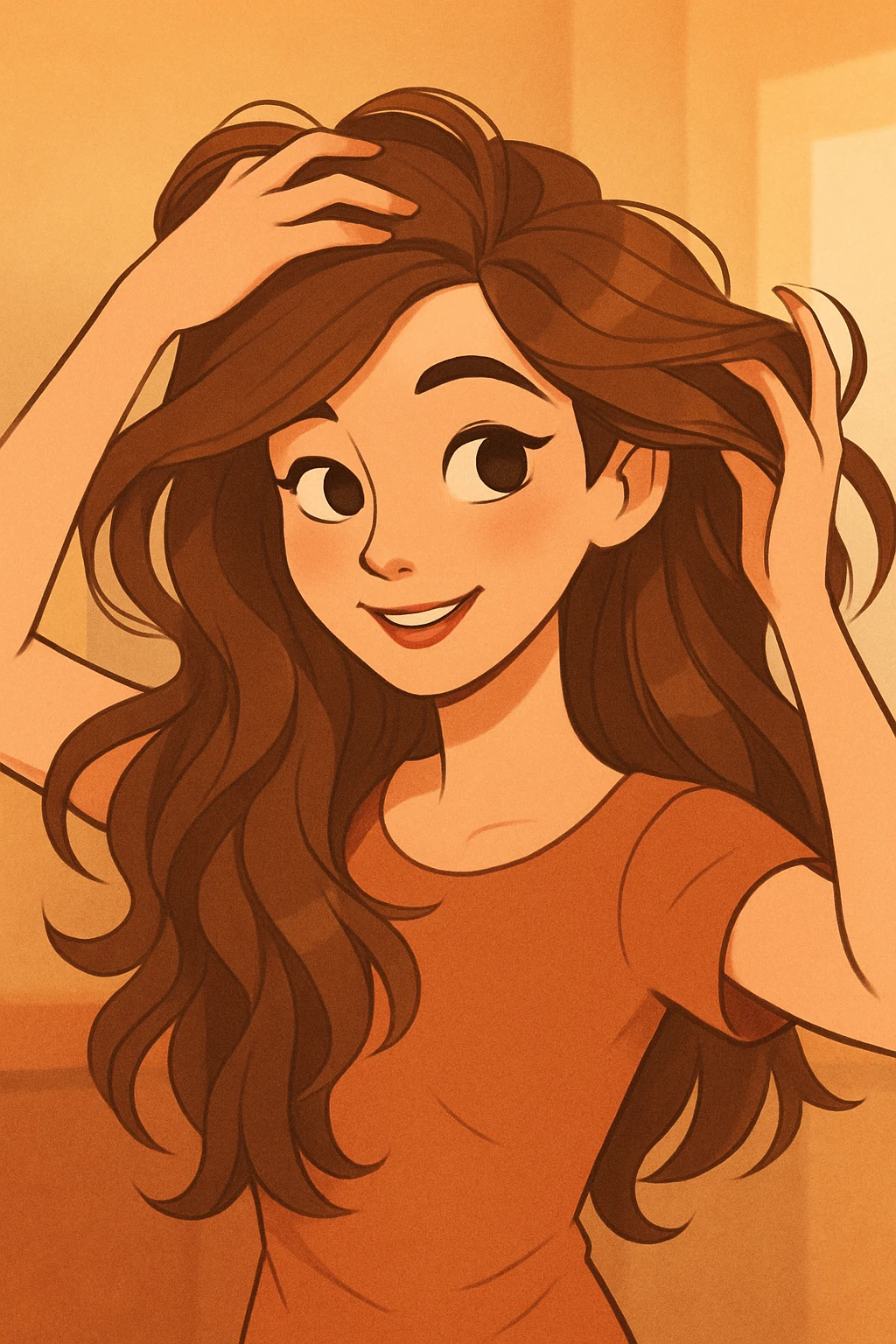 beautiful young woman with flowing brown hair, using her hands to style it, warm and inviting atmosphere, contemporary cartoon style emoji