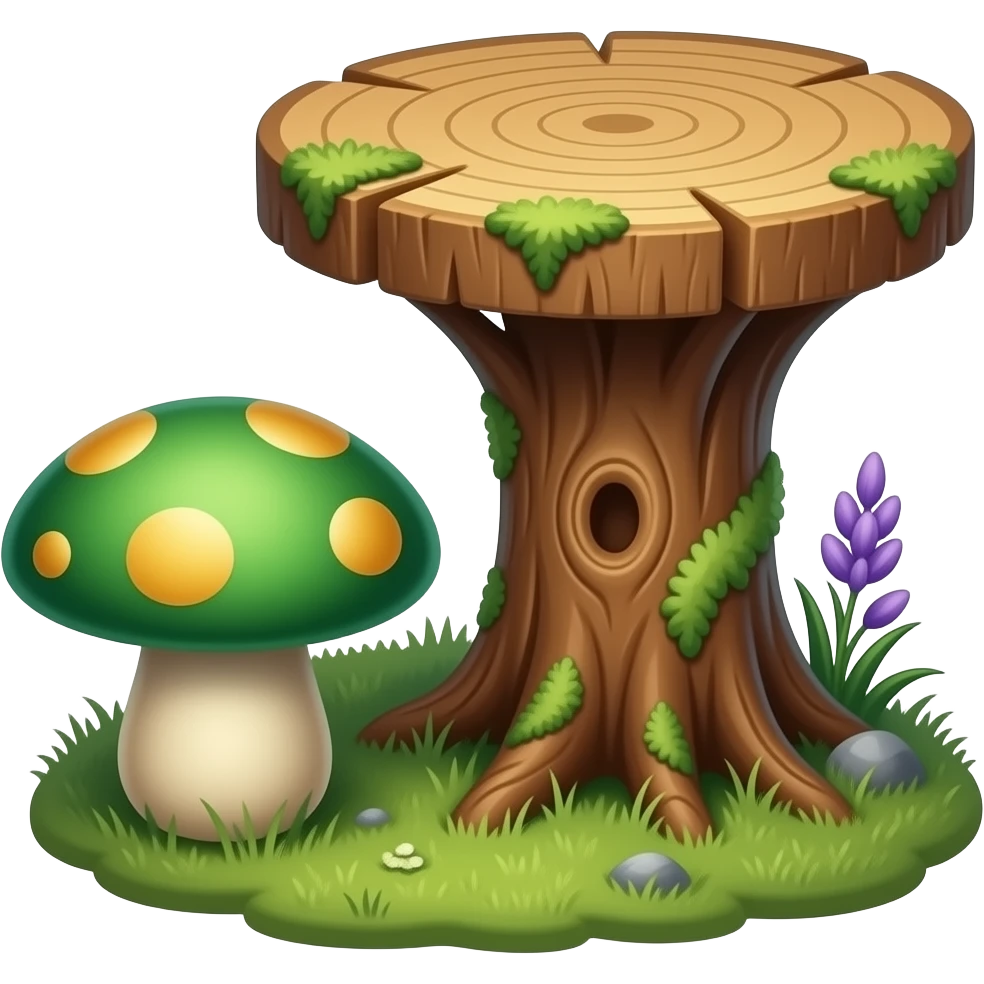 One low mushroom stool for sitting. One separate taller tree stump table next to it. Botanical fantasy, emerald green, amber, subtle violet accents. emoji