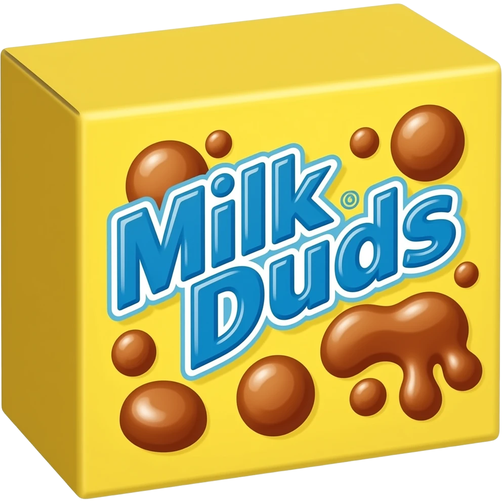 Rectangular yellow cardboard box with round Carmel candies depicted and says Milk Duds on the front emoji