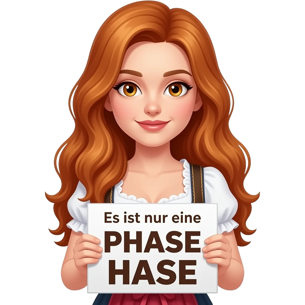 sexy girl with overlong ginger hair and ginger eyes wearing a dirndl holding Es ist nur eine PHASE HASE sign emoji