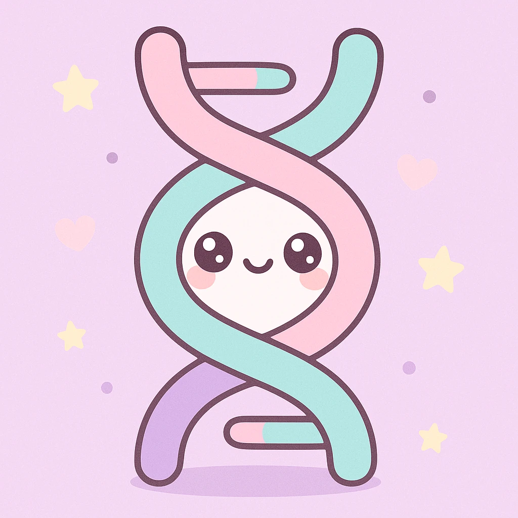 Kannst du mir bitte ein Bild erstellen im Kawaii-Stil? Also ganz übertrieben kitschig, also pastellige Farben mit den Thema Genetik. emoji