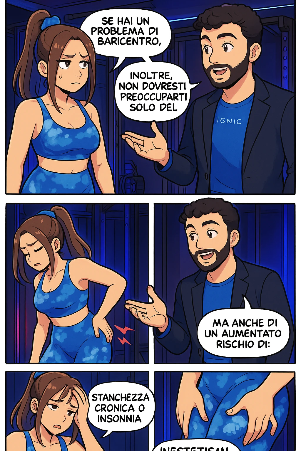 TRASFORMA QUESTO CAROSELLO IN UN FUMETTO STILE WEBTOON/MANGA A COLORI CON QUESTE DUE PERSONE IDENTICHE CHE INTERLOQUISCONO TRA LORO, L'uomo sta spiegando alla donna questo concetto:

Se hai un problema di baricentro, inoltre, non dovresti preoccuparti solo del reflusso e del gonfiore addominale, ma anche di un aumentato rischio di:
    • dolori e rigidità diffuse
    • disturbi pavimento pelvico
    • stanchezza cronica o insonnia
    • inestetismi visibili, come celluluite
    • etc… emoji