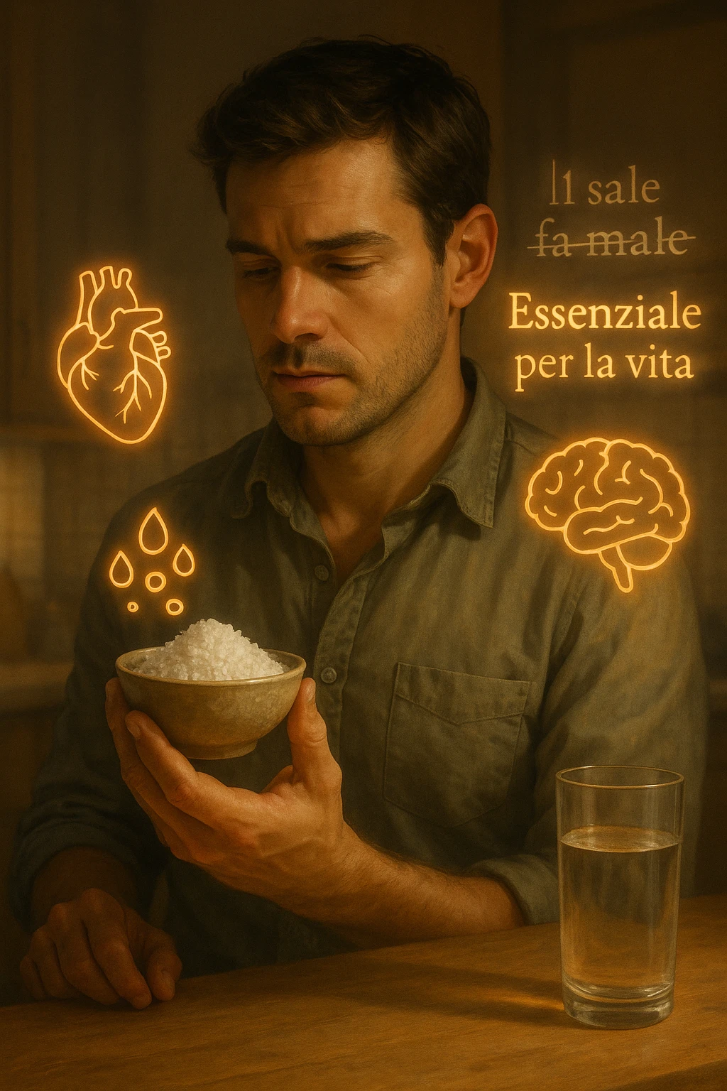 A realistic, cinematic illustration of a man in his early 30s holding a small bowl of unrefined sea salt in his hand, looking at it with awareness and respect. Around him, glowing minimalistic symbols of a beating heart, a brain, and hydrated cells appear, indicating the essential role of sodium in hydration, nerve conduction, and overall cellular health. In the background, faint text or floating words show the false myths: ‘Il sale fa male’, crossed out gently, while the phrase ‘Essenziale per la vita’ glows softly. The setting is a warm, softly lit kitchen with a glass of water nearby, emphasizing balance. The color palette is warm, natural, and calming, emphasizing that salt, when used consciously, is vital for human health, against common misconceptions demonizing it. emoji