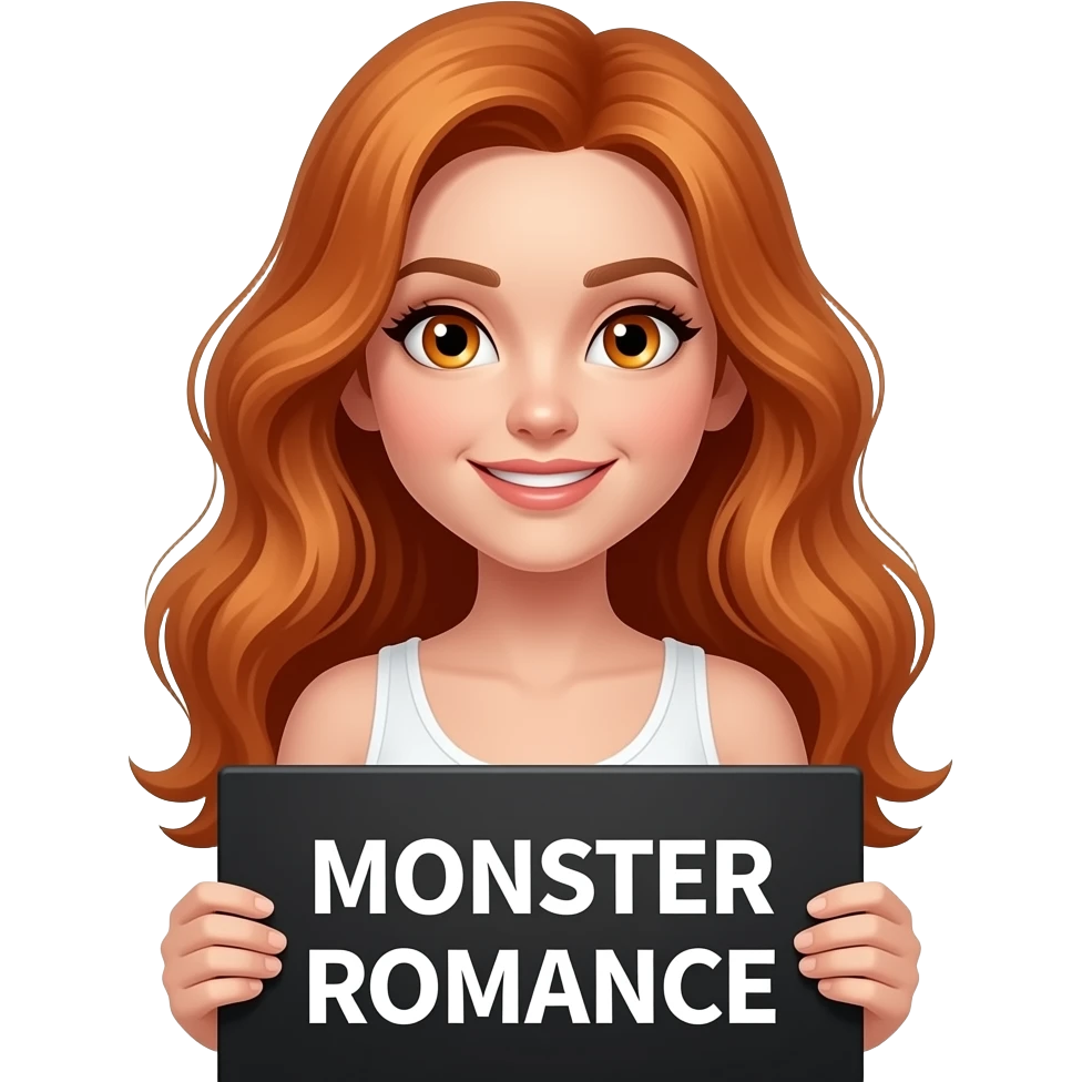 sexy girl with long wavy ginger hair and ginger eyes wearing a white tanktop is holding a black colored sign with MONSTER ROMANCE written on it emoji