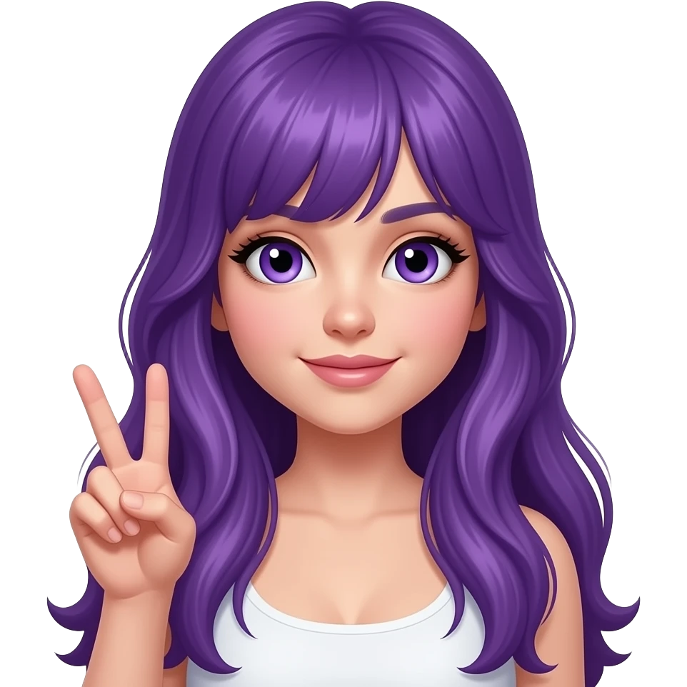 sexy girl with long purple hair and purple eyes makes a peace sign emoji