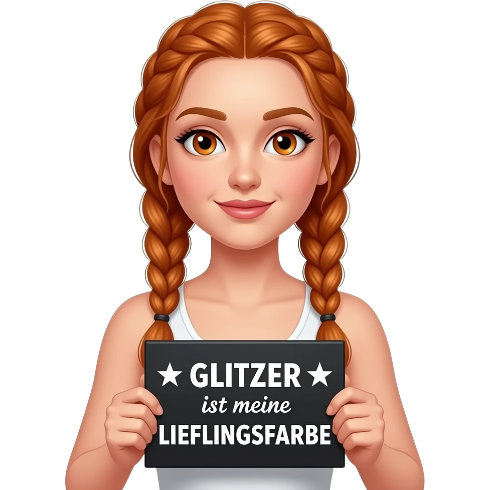 sexy girl with long ginger braids and ginger eyes wearing a white tanktop is holding a black sign with ☆GLITZER☆ ist meine LIEBLINGSFARBE written on it emoji
